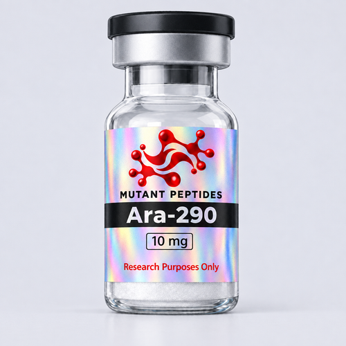 Ara-290 10mg research peptide vial with holographic Mutant Peptides label, Research Purposes Only